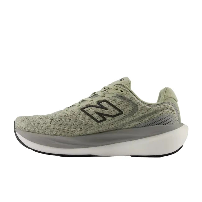 Side profile of New Balance 1080 V15 men's shoe in olivine green showing Infinion midsole and molded contour detail