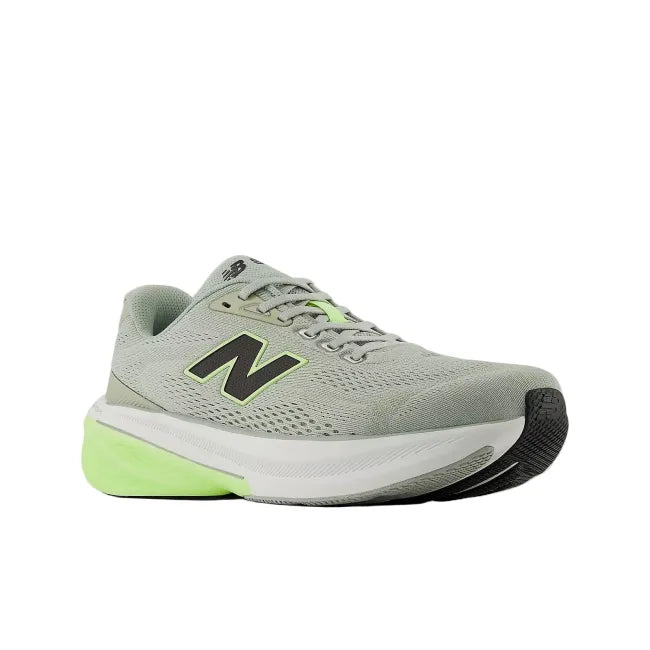 Side profile of New Balance 860 V15 men's running shoe in grey showing rocker profile and neon green EVA midsole