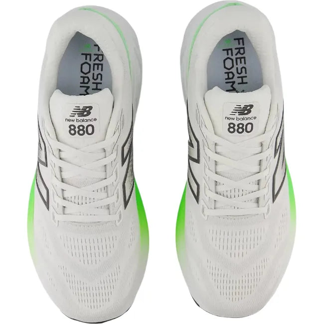 Top down view of New Balance Men's Fresh Foam X 880 V15 Running Shoes in grey and electric jade