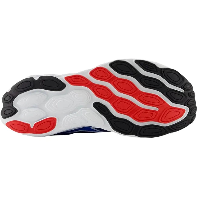 Sole of Mens New Balance Fresh Foam X 880v14 Running Shoe. White sole with red and black tread