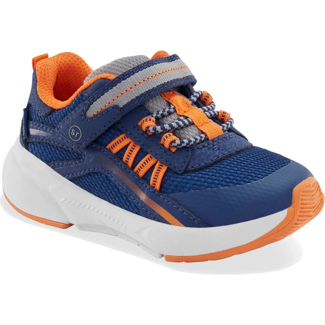 Front angled view of Little Kids' Stride Rite Journey 3.0 Sneaker in navy and orange