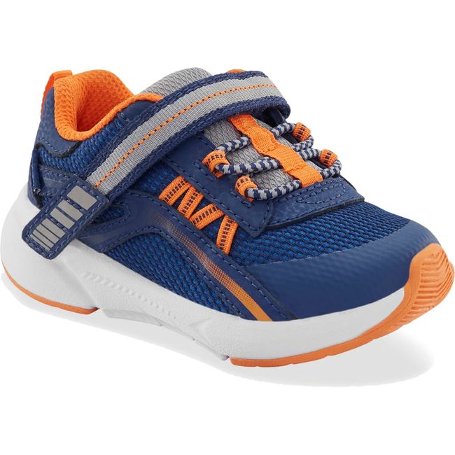 Front angled view of Little Kids' Stride Rite Journey 3.0 Adaptable Sneaker in navy and orange