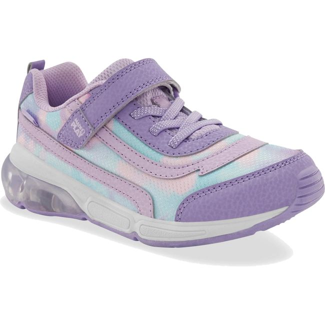 Front angled view of Kids' Stride Rite Surge Bounce Light Up Sneaker in Lilac with velcro strap