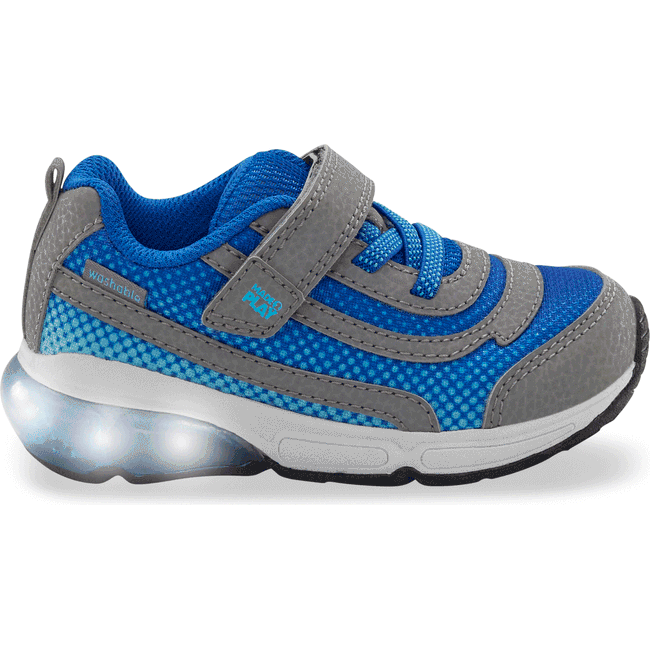Lateral side of Little Kids' Stride Rite Surge Bounce Light Up Sneaker in grey and blue with velcro