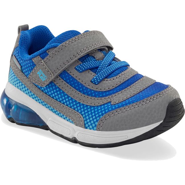 Front angled view of Little Kids' Stride Rite Surge Bounce Light Up Sneaker in grey and blue