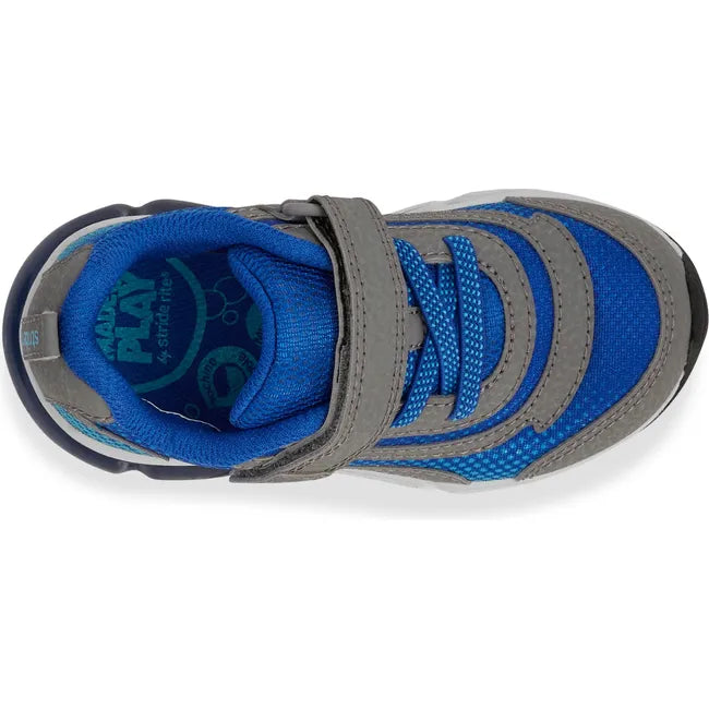 Upper of Little Kids' Stride Rite Surge Bounce Light Up Sneaker in grey and blue with velcro