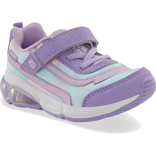 Front angled view of Little Kids' Stride Rite Surge Bounce Light Up Sneaker in Lilac with velcro