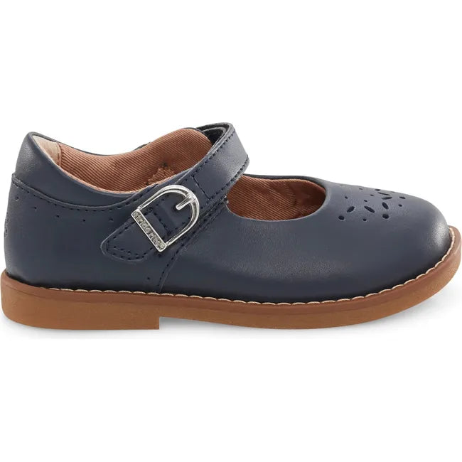 Lateral side of Kids Mara Stride Rite Mary Jane Shoe in navy blue with velcro strap
