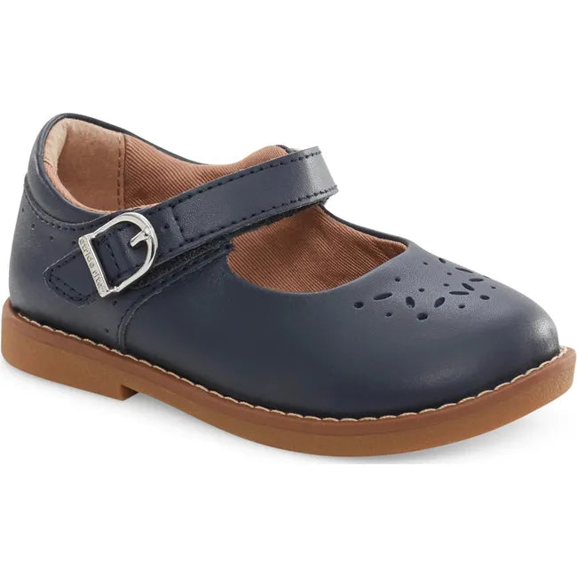 Front angled view of Kids Mara Stride Rite Mary Jane Shoe in navy blue with velcro strap