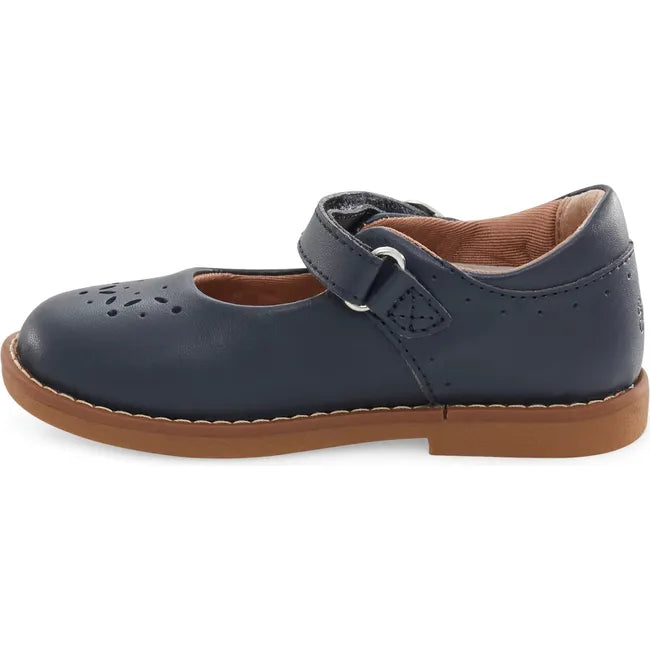 Medial side of Kids Mara Stride Rite Mary Jane Shoe in navy blue with velcro strap