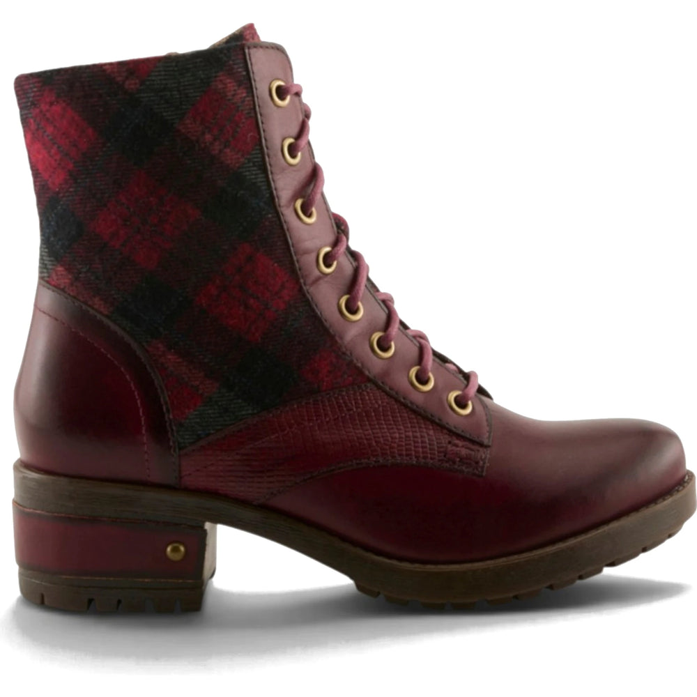 Lateral side of L'Artiste Women's Marty-Plaid Boot in bordeaux multi leather and plaid