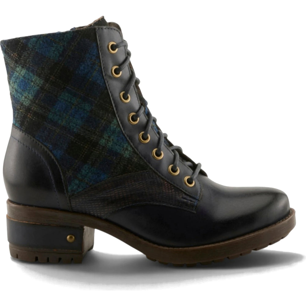 Lateral side of L'Artiste Women's Marty-Plaid Boot in navy multi leather and plaid