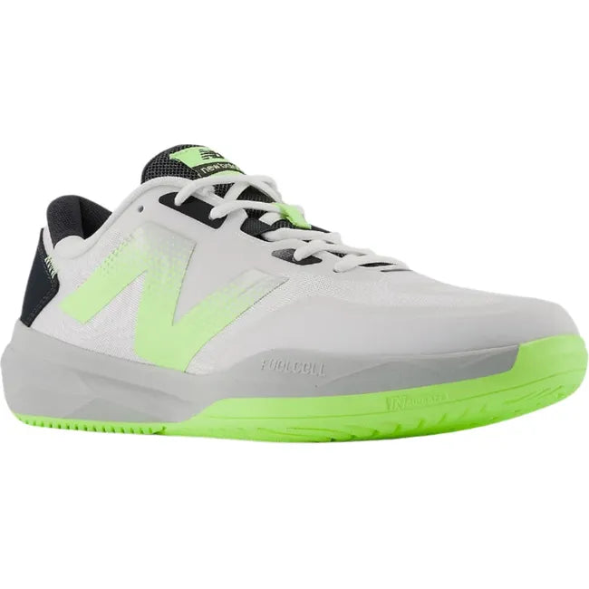 Front angled view of Men's FuelCell 769v4 New Balance Tennis Shoe in gray with neon green accents