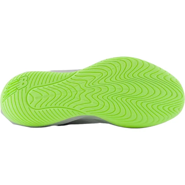 Sole view of Men's FuelCell 769v4 New Balance Tennis Shoe in gray upper with neon green sole tread