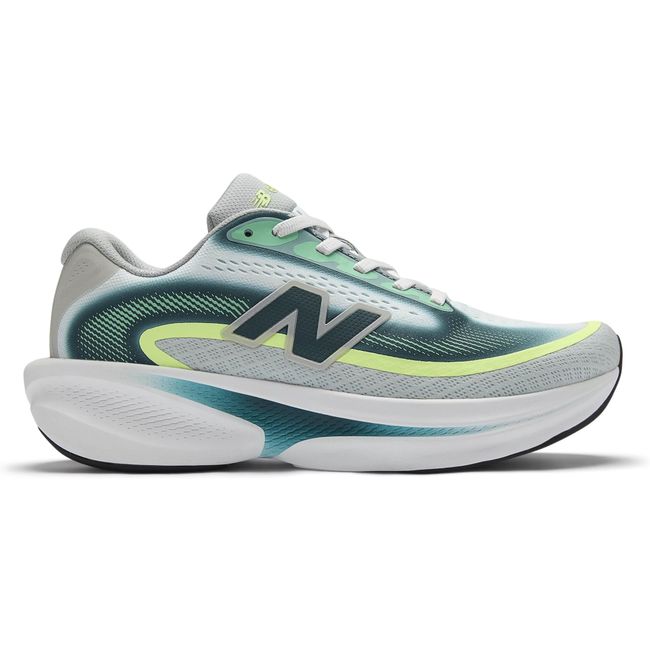 New Balance Ellipse running shoe in grey and teal with neon yellow-green trim