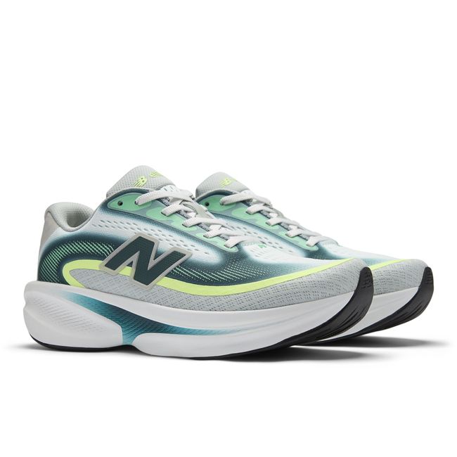 Pair of New Balance Ellipse running shoes in grey with teal and lime accents