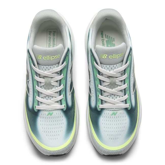 Top down view of the New Balance Ellipse pair in grey mesh with lime laces