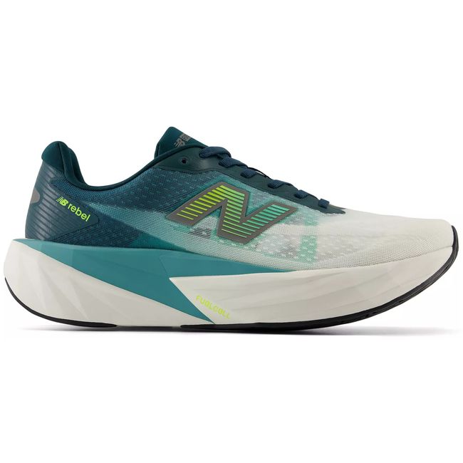New Balance FuelCell Rebel V5 running shoe in green with a teal accent, hero view.