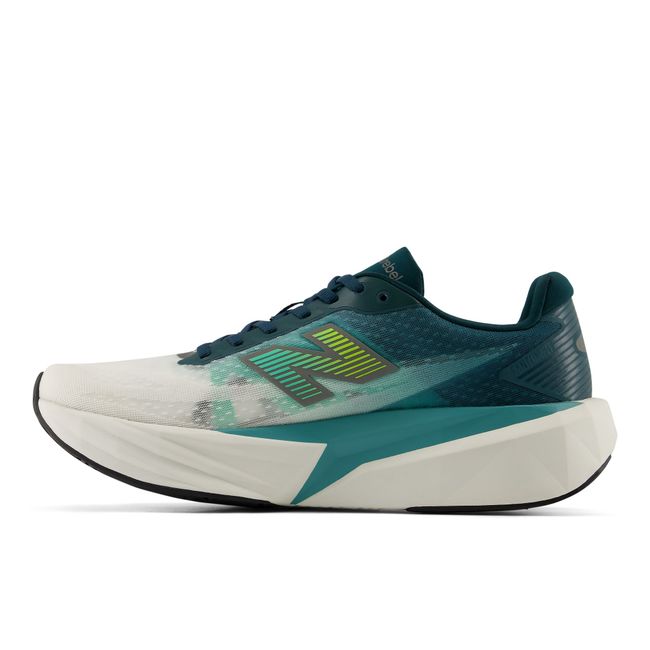 New Balance FuelCell Rebel V5 running shoe in green, medial profile.