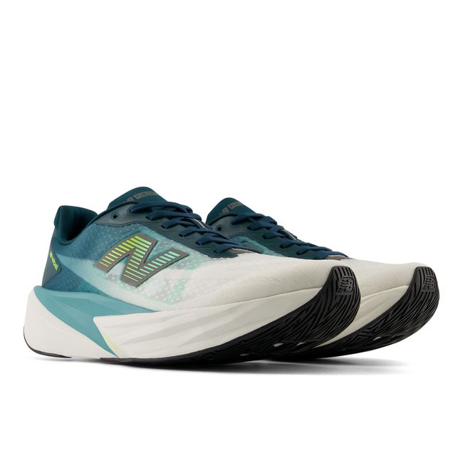 New Balance FuelCell Rebel V5 running shoes in green, top-down pair view.