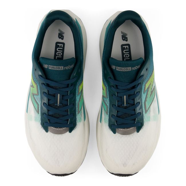 New Balance FuelCell Rebel V5 running shoe in green, top-down view.