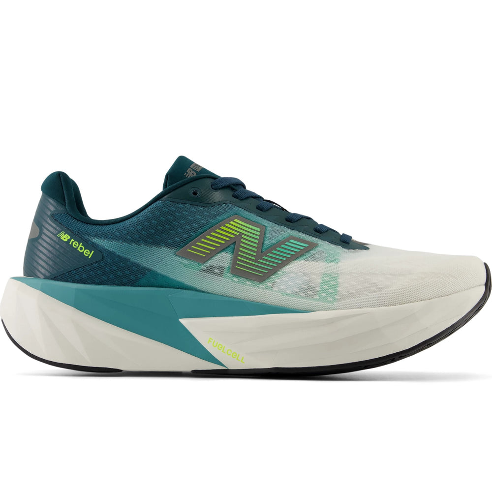 Side of New Balance Men's FuelCell Rebel v5 Running Shoe in Medusa Green/Faded Teal