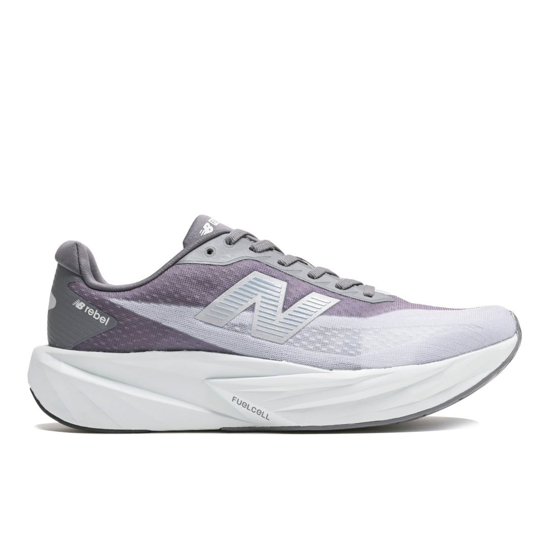 New Balance Men's FuelCell Rebel V5 Running Shoe in Magnet/Light Zinc Blue, outside view