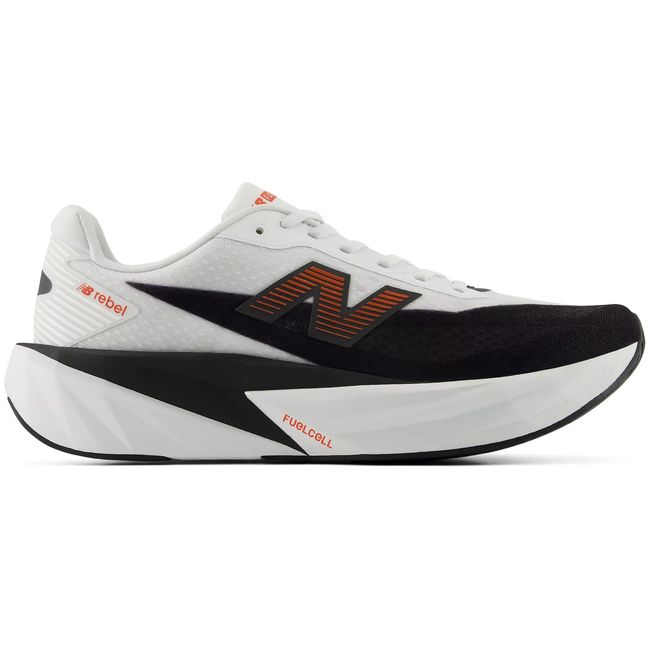 New Balance Men's FuelCell Rebel V5 in white and neon orange-red, 3/4 lateral view
