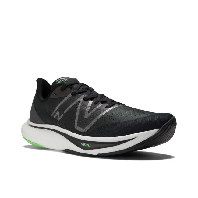Front angled view of New Balance Men's Fuelcell Rebel V3 Running Shoe in black and vibrant green