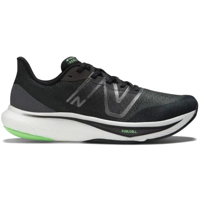 Lateral side of New Balance Men's Fuelcell Rebel V3 Running Shoe in black and vibrant green
