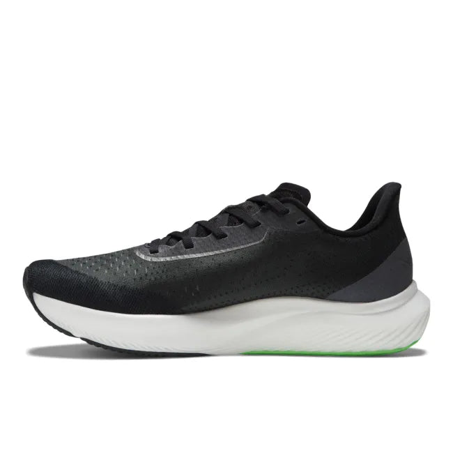 Medial side of New Balance Men's Fuelcell Rebel V3 Running Shoe in black and vibrant green