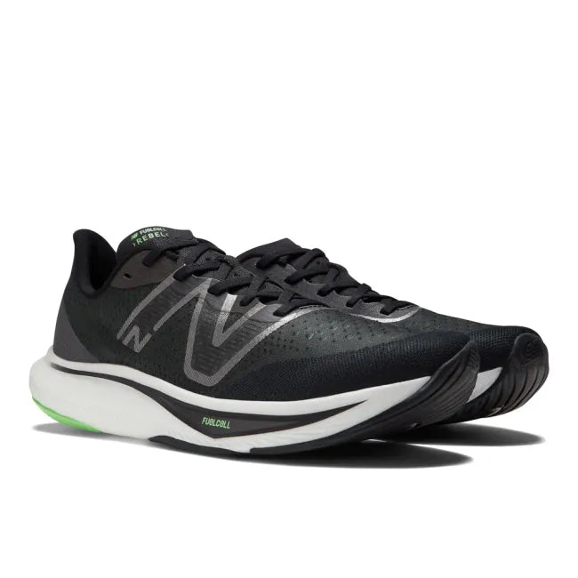 Pair of New Balance Men's Fuelcell Rebel V3 Running Shoes in black and vibrant green
