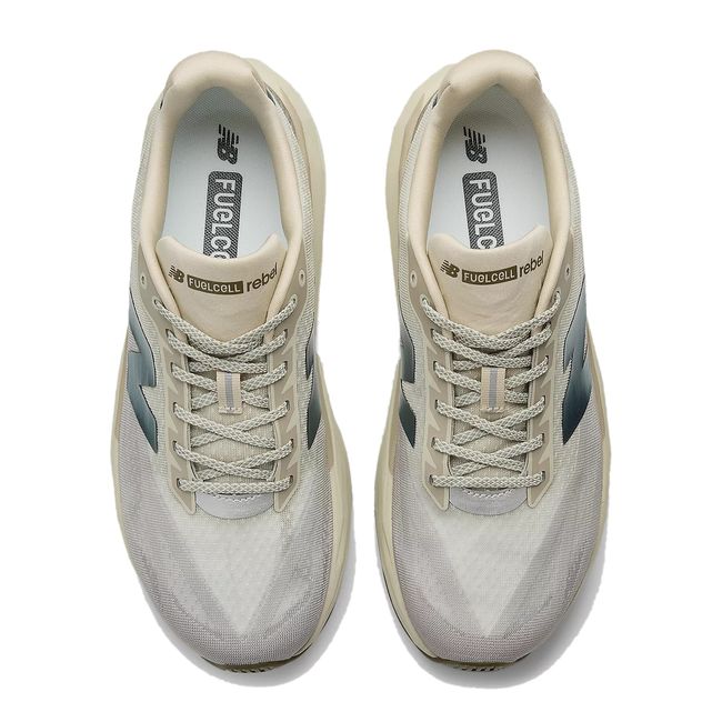 Upper f New Balance Men's FuelCell Rebel V5 Running Shoes in Shipyard Beige