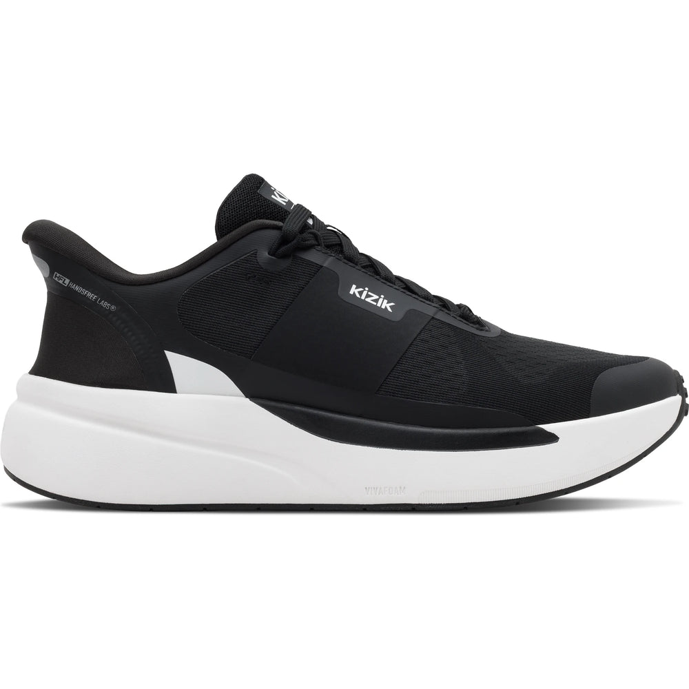 Lateral side of Men's Kizik Freedom Run Running Shoe in black and white with easy on HandsFree Step-In tech