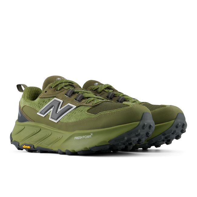 Pair of New Balance Hierro Trek trail shoes in olive green suede and mesh