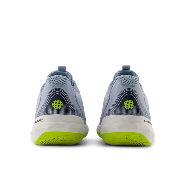 Rear heel view of the New Balance SmashStep PKL pair in pale blue and navy