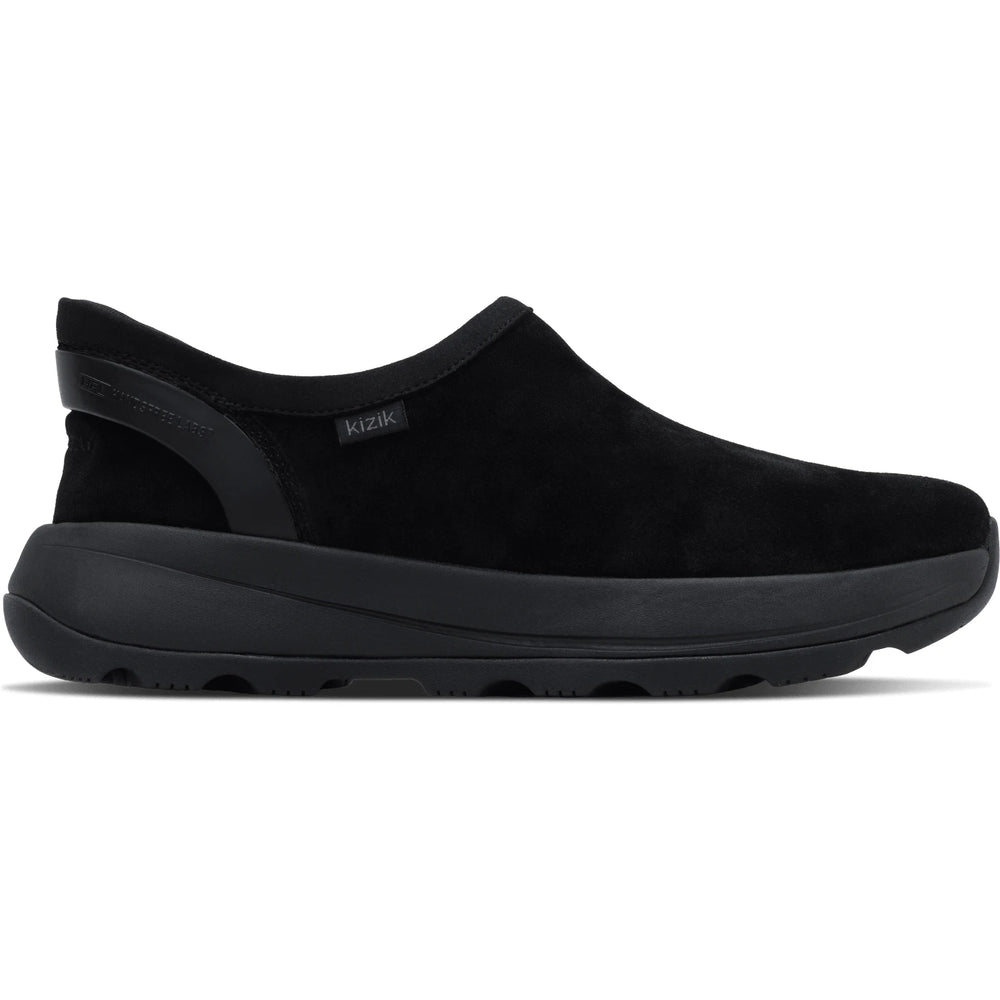 Lateral side of Men's Kizik Juno 2 Moc in all black suede with easy on HandsFree Step-In tech