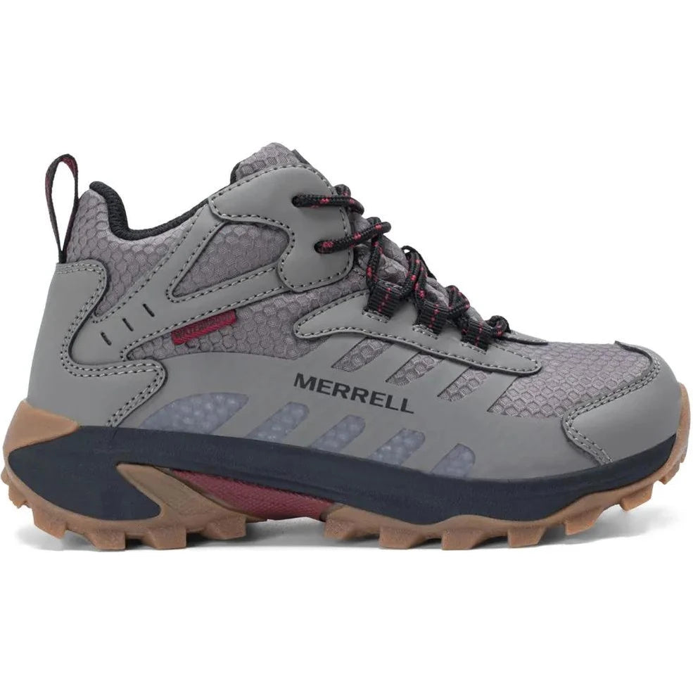 Side of Merrell Kids' Moab Speed 2 Mid Waterproof Hiking Boot (Little Kid/Big Kid) in Grey/Gunsmoke