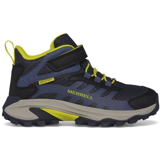 Merrell Kids' Moab Speed 2 Mid Waterproof boot in deep navy with neon yellow-green trim, hero angle