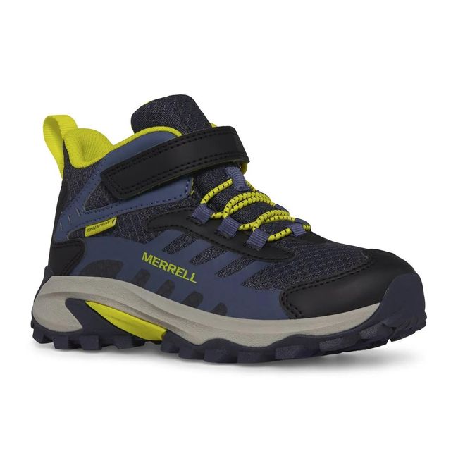 Merrell Kids' Moab Speed 2 Mid Waterproof boot in deep navy, three-quarter angle view