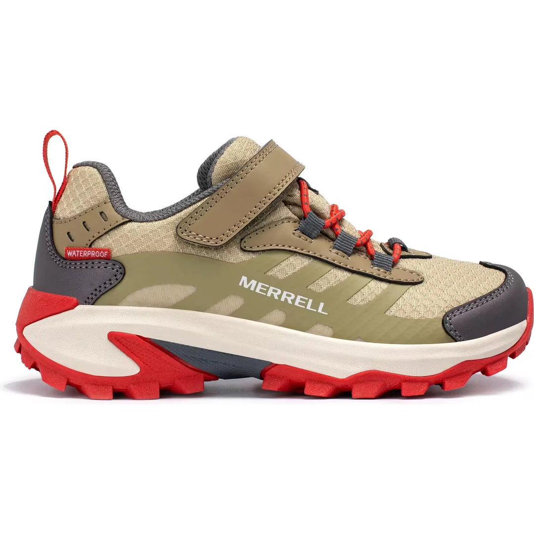 Side of Merrell Kids' Moab Speed 2 Low A/C Waterproof Hiking Shoe in Coyote