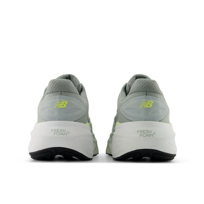 Rear heel view of the New Balance More v6 pair in pale sage grey