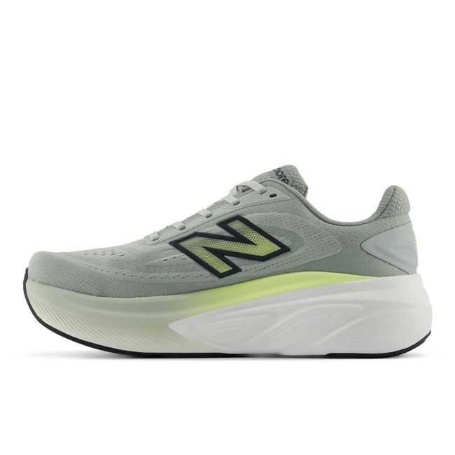 Medial profile of the New Balance More v6 in pale sage grey with a white midsole