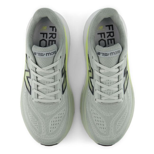 Top down view of the New Balance More v6 pair in pale sage grey mesh