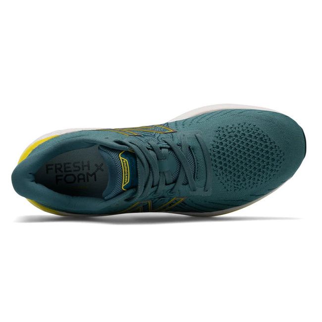 Upper of New Balance Men's Fresh Foam X Vongo V5 Running Shoe in Deep Sea Sulphur Yellow
