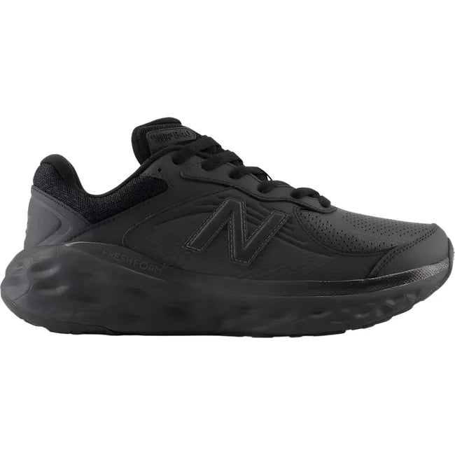 Lateral side of New Balance Men's 840 Slip Resistant Work Shoe. Fresh Foam cushioning. All black.