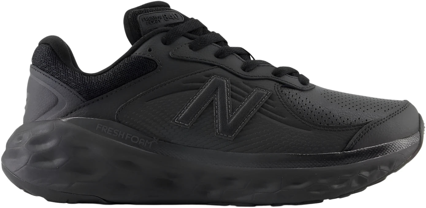 Lateral side of New Balance Men's 840 Slip Resistant Work Shoe. Fresh Foam cushioning. All black.