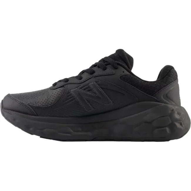 Medial side of New Balance Men's 840 Slip Resistant Work Shoe. Fresh Foam cushioning. All black