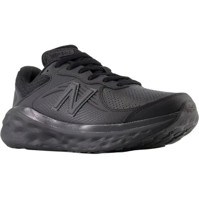 Front angled view of Black New Balance Men's 840 Slip Resistant Work Shoe. Fresh Foam cushioning.