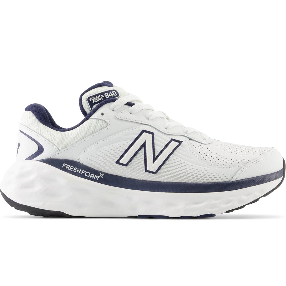 Side of New Balance Men's Fresh Foam X 840F walking shoe in White/Team Navy